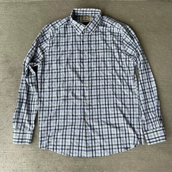 Barbour Men’s Tailored Fit Plaid Button-Down Shirt Size Large Blue Gray Check - Picture 1 of 6